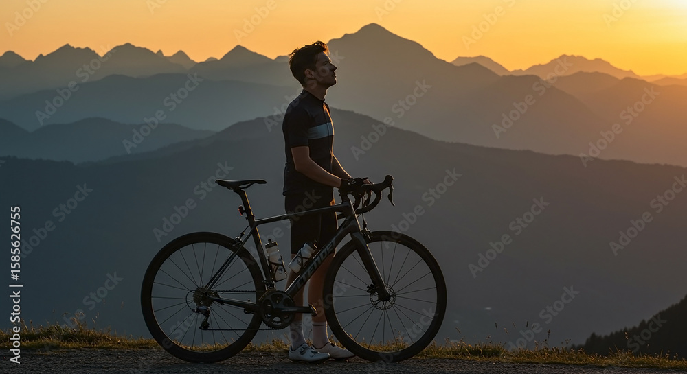 Fototapeta premium Cyclist Enjoying Sunset View in Mountain Landscape