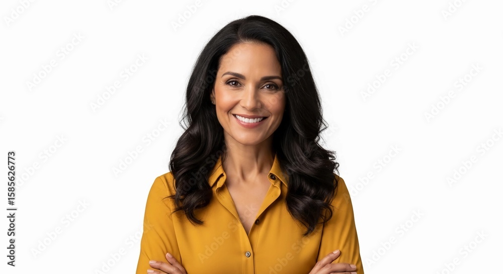 Fototapeta premium Happy Middle-Aged Hispanic Woman with Crossed Arms – Joyful Confident Portrait Isolated on White Background
