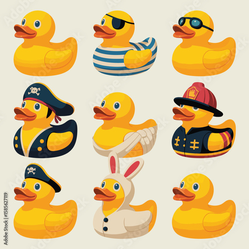 Collection of nine cute yellow rubber ducks dressed in various costumes