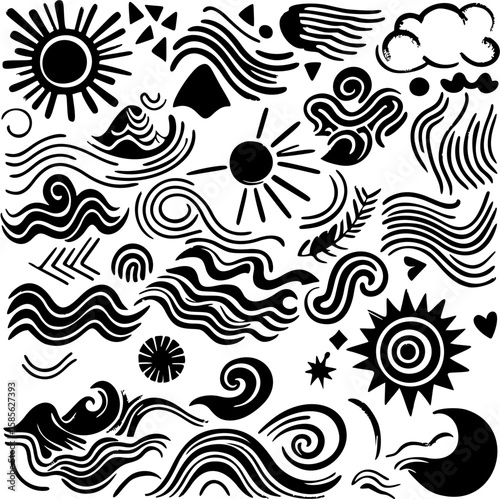 Rough ink-style vector symbols in chaotic pattern: wavy lines, sun shapes, and dot clusters.

