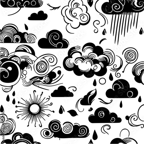 Seamless vector with hand-drawn cloud shapes, curly lines, and ink blots in sketchy black strokes.

