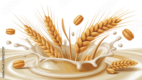 Golden wheat ears splashing into creamy milk with scattered grains