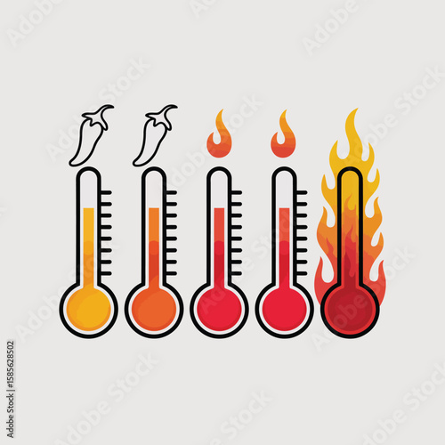 Five thermometers showing increasing heat levels with chili peppers and flames