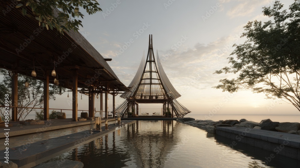 Obraz premium Tranquil spa pavilion by water at dawn