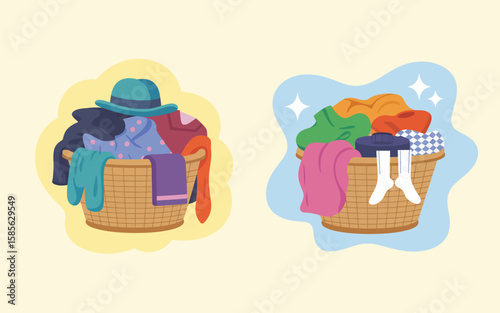Two overflowing laundry baskets filled with colorful clothes and accessories