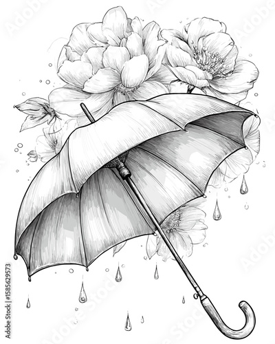 Umbrella with flowers and raindrops in monochrome sketch style  