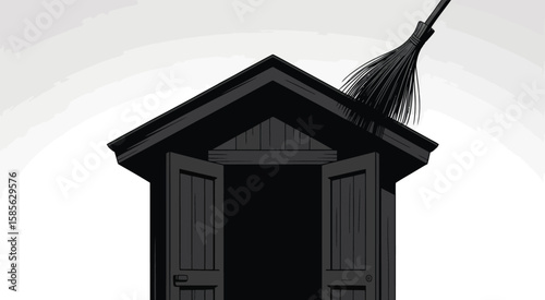 Dark shed with open doors and broom on the roof