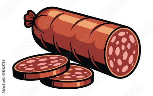 Stylized illustration of a whole salami sausage with two sliced pieces