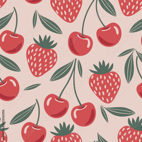 A seamless vector pattern featuring red strawberries and cherries with green leaves on a soft pastel pink background. This fun and playful fruit design is perfect for summer-themed fabric.