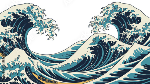 Stylized japanese great wave illustration with boats and white background