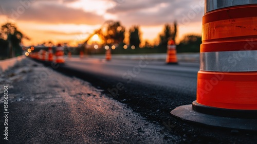 Construction site at sunset with traffic cones marking freshly paved road and blurred background