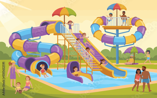 Happy children and families enjoying colorful water slides at a sunny water park
