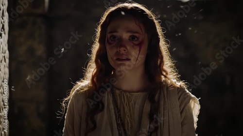 Portrait of a terrified young medieval woman with bloody eyes in a dark dusty dungeon