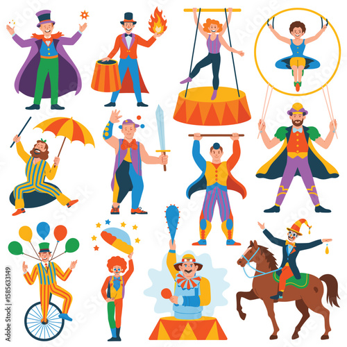 Collection of circus performers and acts in bright colorful costumes