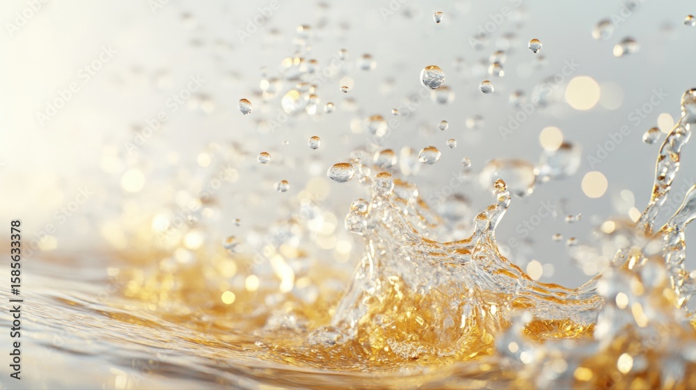 Naklejka premium Dynamic Golden Liquid Splash with Sparkling Water Droplets and Bokeh Background splash water liquid