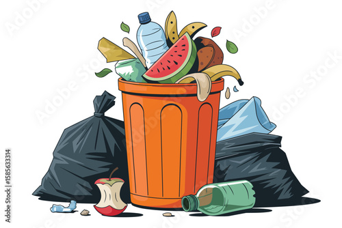 Overflowing orange trash can with food waste and garbage bags