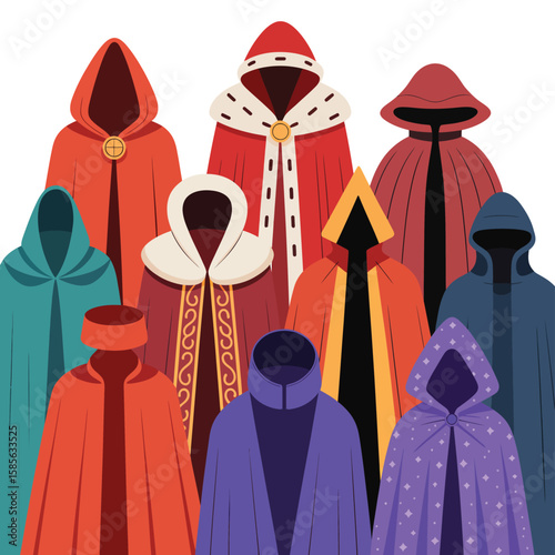 Collection of diverse hooded cloaks and robes in various colors and styles