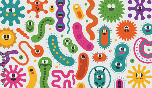 Cute cartoon microbes and bacteria characters with happy faces in vibrant colors