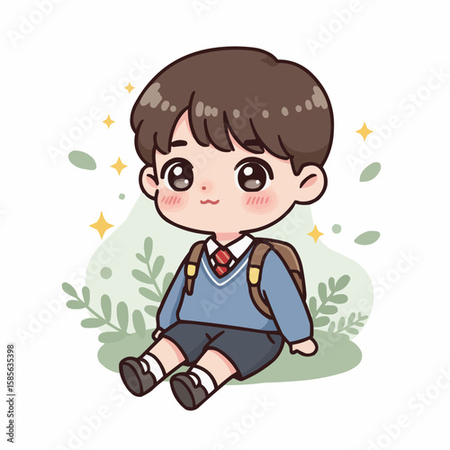 Cute animated boy sitting with backpack in casual attire outdoors  