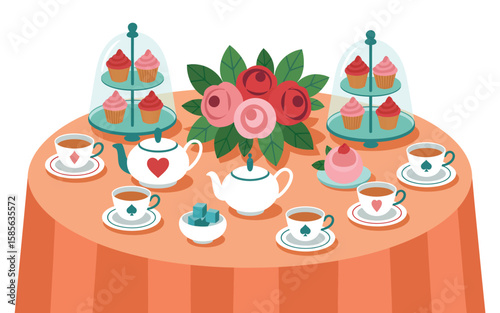 Whimsical tea party with cupcakes teacups teapots and flowers