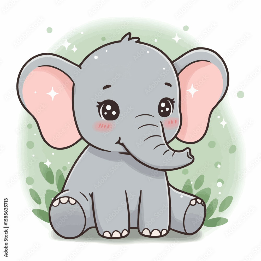 Naklejka premium Cute gray elephant character sitting among green leaves 