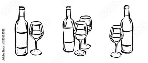 Whimsical chalk doodles of wine glass and bottle. Quirky icons of breakfast and dinner meals in crayon style. Crayon drawing for menus and invitations. La dolce vita italian vector illustration