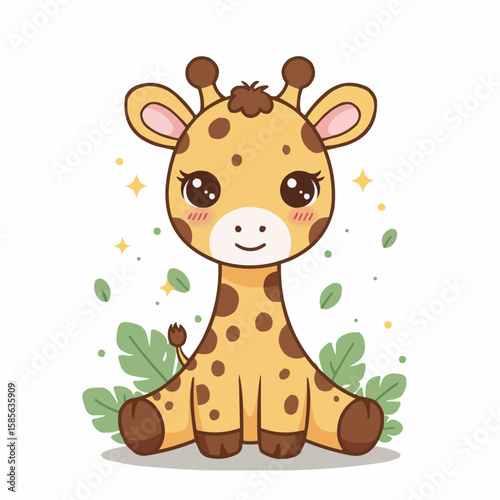 Cute cartoon giraffe sitting among green leaves with smiling expression  