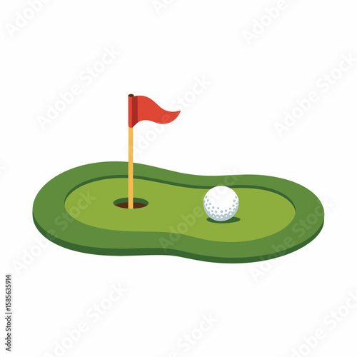 Golf ball and red flag on a putting green with a hole on white background