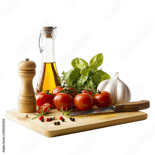 Rustic wooden board with ripe tomatoes, garlic, basil, olive oil, peppercorns, and a pepper grinder