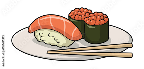 Delicious salmon nigiri and ikura maki sushi with chopsticks on plate