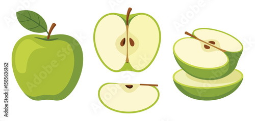 Whole and sliced green apples with seeds and stem on white background