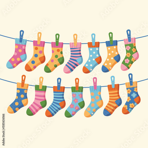 Colorful patterned socks hanging on a clothesline with clips