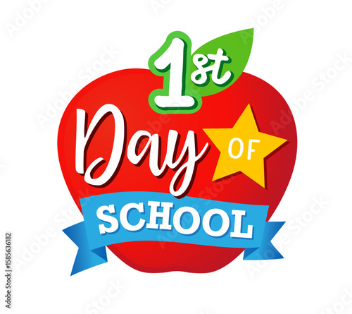 1st day of school, creative concept with apple and star. First day of school logo or badge design for selfie photo frame. Vector illustration