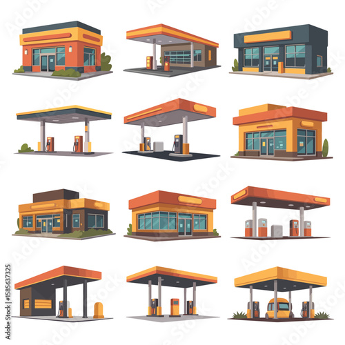 Collection of modern gas station buildings with pumps and convenience stores