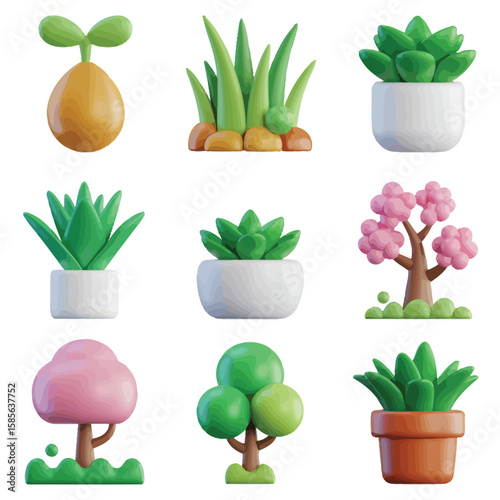 Collection of cute 3d rendered plants and trees in various pots and settings