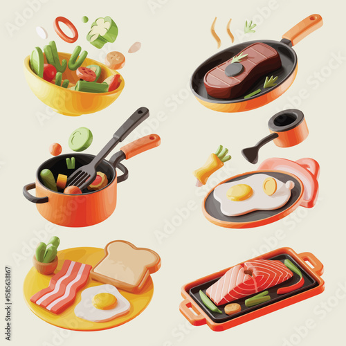 Collection of delicious food items and cooking utensils in a playful 3d style