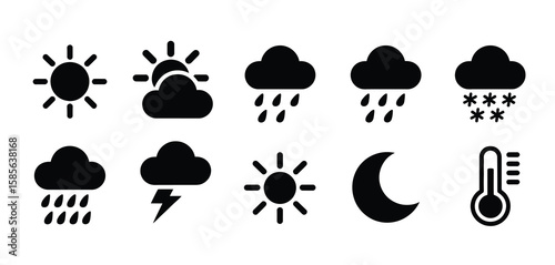 Collection of black weather icons including sun clouds rain snow lightning moon and thermometer