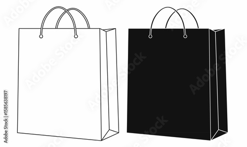 Shopping bag icon, paper bag with handle, front and side view. Outline and solid style. Perfect for retail, packaging, ecommerce, eco bag, sale, market.