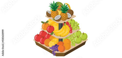 Colorful three tier display stand overflowing with fresh tropical and common fruits