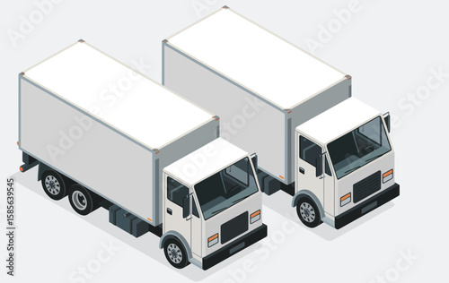 Two white box trucks parked side by side in an isometric perspective