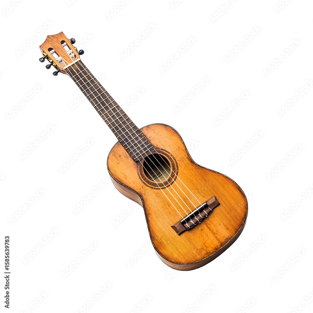 Fototapeta premium A soprano ukulele, light brown wood, slightly angled, showcasing its strings, headstock, and body against a black background