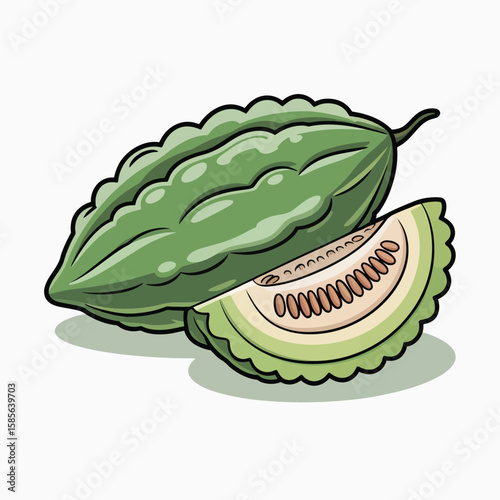 Green bitter melon vegetable with a slice showing seeds and texture