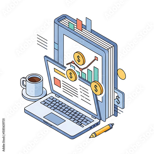 Online payment and accounting interface with laptop and coins.