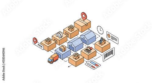 E-commerce logistics and order delivery stages with packages.