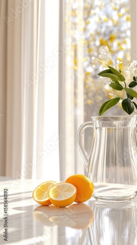 Bright modern kitchen window with sheer curtains and glass pitcher of sliced citrus on marble countertop