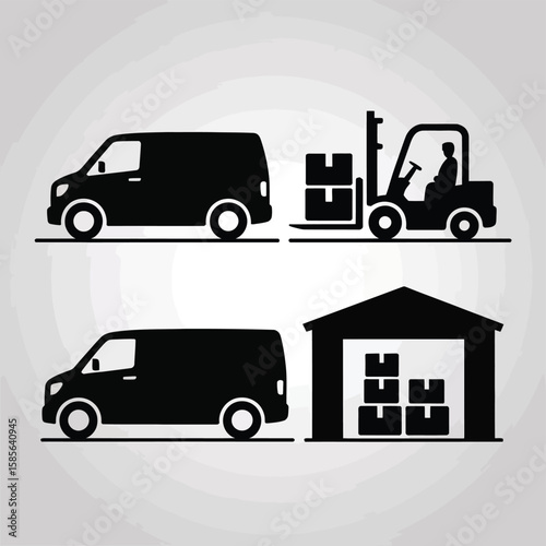 Logistics and delivery icons including vans a forklift and a warehouse with boxes