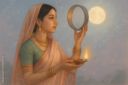 Indian woman in traditional attire performing Karwa Chauth ritual by viewing the moon through sieve while holding lit diya