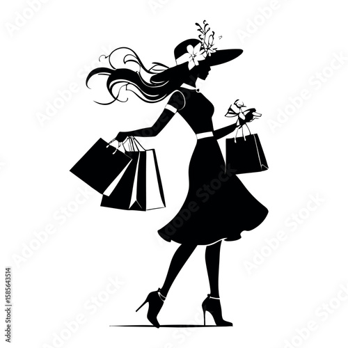 Elegant Silhouette of a Woman in a Hat and Heels Carrying Shopping Bags with Flowing Hair
