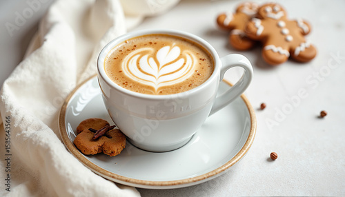 Gingerbread latte with a small cookie on the saucer and latte art  