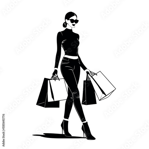 Stylish Woman in Sunglasses and High Heels Carrying Multiple Shopping Bags, Fashion Illustration